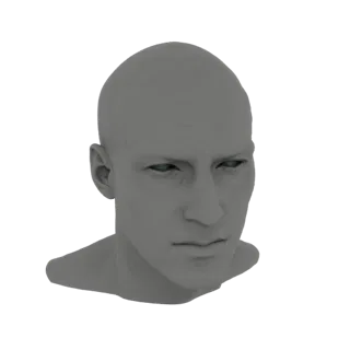 Una renderización 3D de un busto de cabeza masculina realista con cabello corto y penetrantes ojos turquesa, presentado sobre