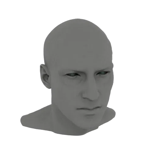 Ein 3D-Render einer realistischen männlichen Kopf-Büste mit kurzen Haaren und durchdringenden teal Augen, präsentiert auf wei