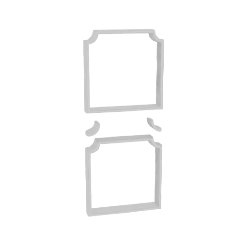 A 3D render of two white, ornate square frames with curved corners, stacked vertically.