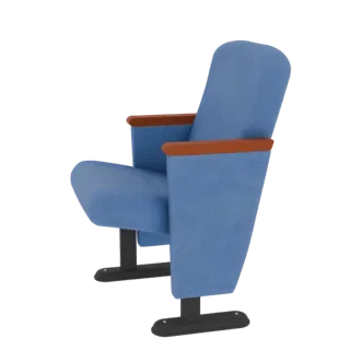 Um modelo 3D de um assento de auditório azul com apoios de braço em madeira e base metálica preta, mostrado de um ângulo late
