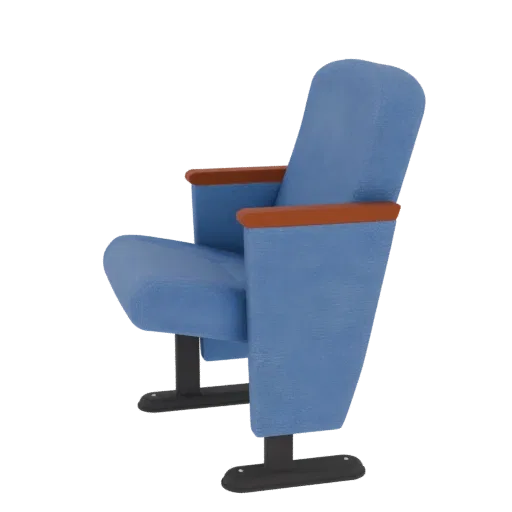 Ein 3D-Modell eines blauen Auditorium-Sitzes mit Holzarmlehnen und schwarzer Metallbasis, von der Seite gezeigt.