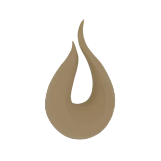 Rendu 3D d'une sculpture abstraite ressemblant à une flamme tourbillonnante de couleur beige chaud, sur fond blanc.