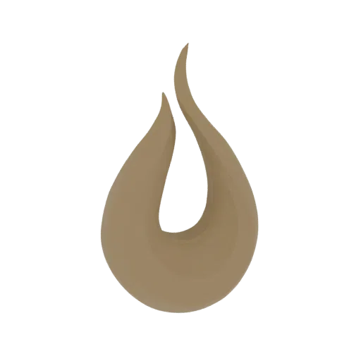 3D render of an abstract sculpture resembling a swirling flame in a warm beige color, against a white background.