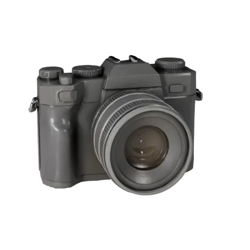 Cinema Instant Camera Low Poly 3D model, game viewport three-quarter view, showing textured grips, lens barrels.