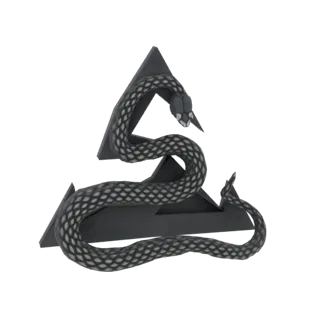 3D model of a dark, scaled serpent coiled around a sharp, black triangular emblem against a white background.