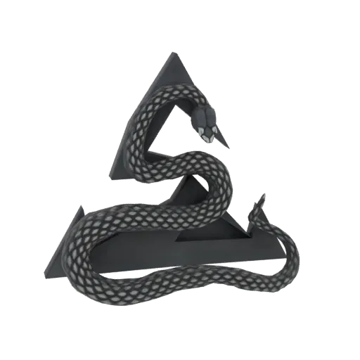 3D model of a dark, scaled serpent coiled around a sharp, black triangular emblem against a white background.