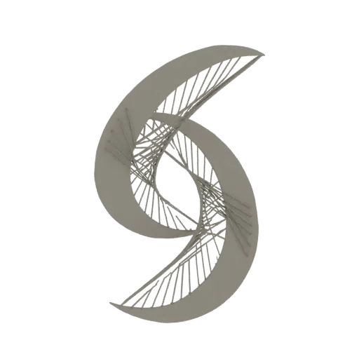 3D render of an abstract sculpture with two intertwined swirling forms, featuring a detailed internal lattice structure.