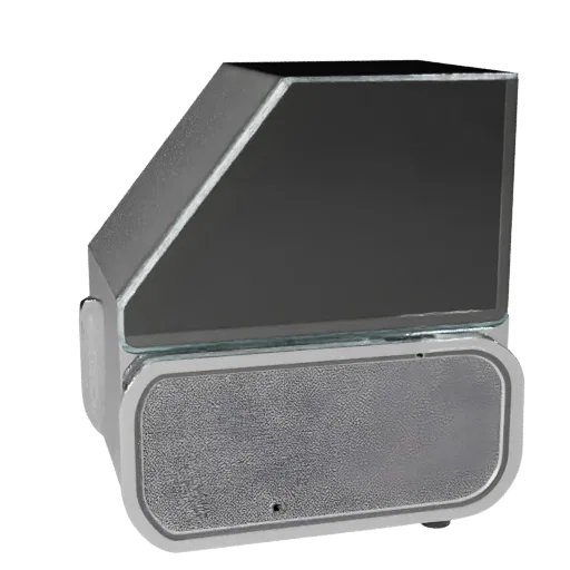 Stainless Smart Speaker Product Viz 3D model, home interior, three-quarter studio product render, plastic detail.
