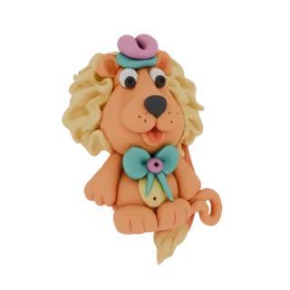 Modèle 3D d'un lion mignon en argile orange portant un nœud papillon bleu et un chapeau rose et turquoise, avec une crinière