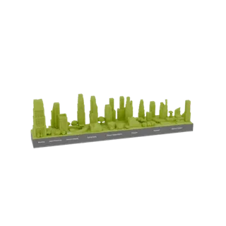 A 3D render of a green cityscape diorama with various labeled buildings on a grey base, viewed from a slight angle.