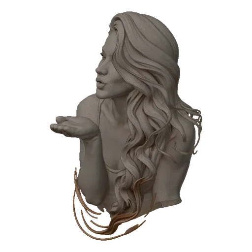 3D model of a woman's bust, with long wavy hair, blowing a kiss with her hand extended forward.