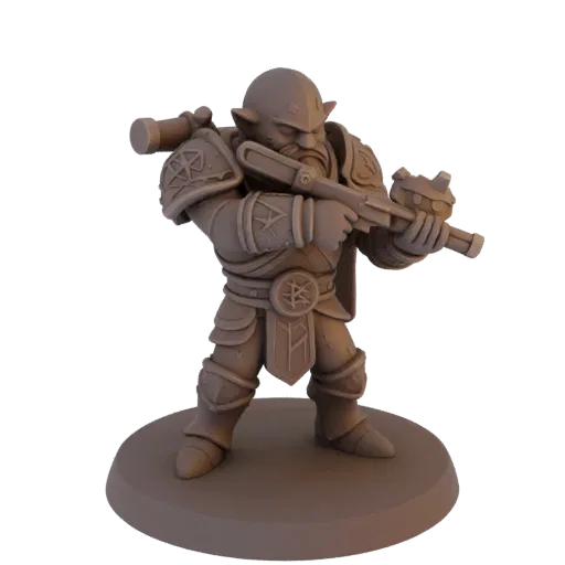 Miniatura STL de Guerrero Enano Fantástico Apuntando, render de mesa a tres cuartos, miniatura de héroe imprimible en resina