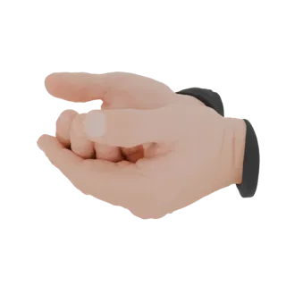 A 3D render of two human hands cupped together, palms facing upwards, with black cuffs visible at the wrists.