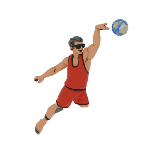 3D model of a male beach volleyball player in a dynamic mid-air jump, wearing sunglasses and a red outfit, reaching for a vol
