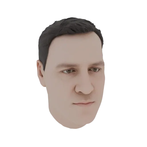 Un rendering realistico di un modello 3D di testa maschile umana con capelli scuri e occhi verdi, presentato su sfondo bianco