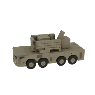 Modelo 3D de um caminhão lança-mísseis móvel cor de areia com múltiplos compartimentos de mísseis, mostrado de uma vista fron