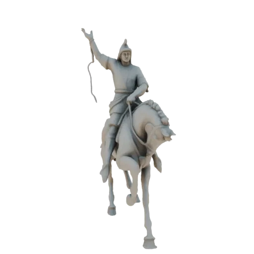 3D model of a Mongol warrior in armor, holding a whip, riding a charging horse, rendered in gray.