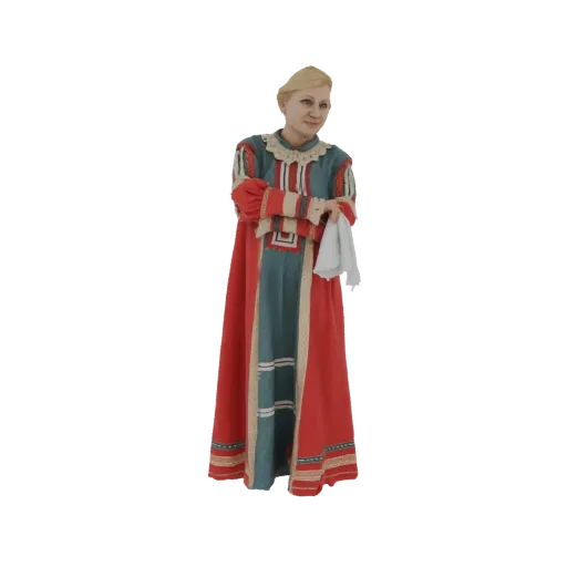 3D model of a medieval courtier woman wearing a red and teal gown with a ruffled collar, holding a white cloth.