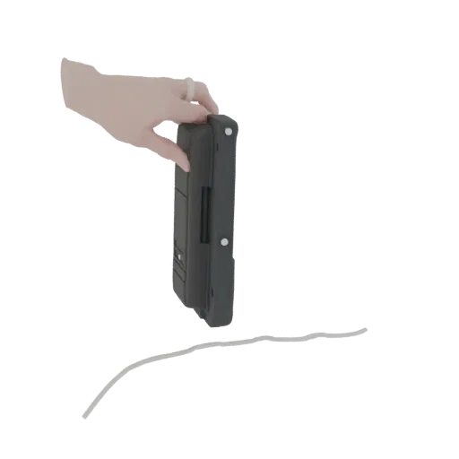 A 3D render of a light-skinned hand wearing a ring, holding a black electronic device vertically.