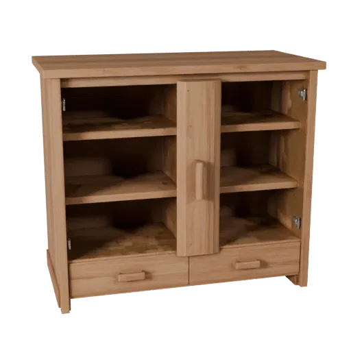 Floating Cabinet Realistic 3D model, dining room, three-quarter studio render, painted wood detail.