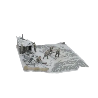 3D model of a winter diorama with soldiers in a snowy landscape near a ruined building, showing debris and icy ground.