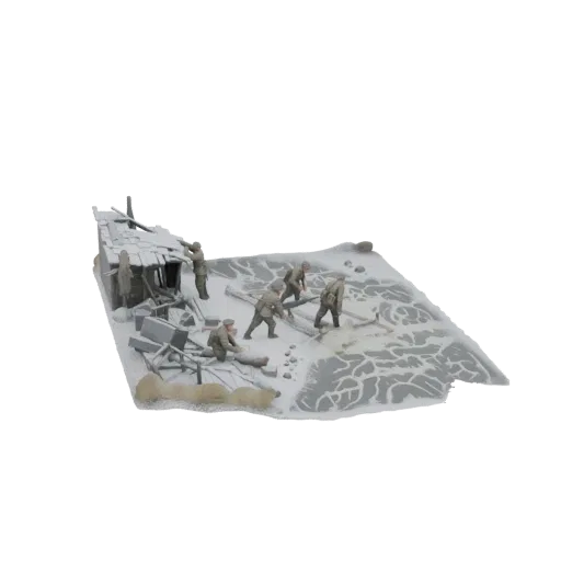 3D model of a winter diorama with soldiers in a snowy landscape near a ruined building, showing debris and icy ground.