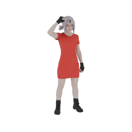3D model of an anime girl with purple hair, wearing a red dress and black boots, striking a pose.