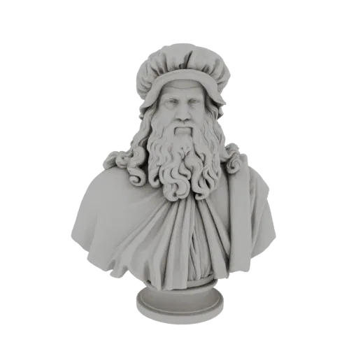 3D model bust of Leonardo da Vinci, featuring his long beard and cap, rendered in a neutral grey material.