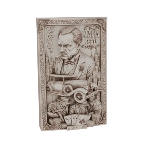 3D relief sculpture of a 1920s Mafia scene with a mob boss, vintage car, and card players.