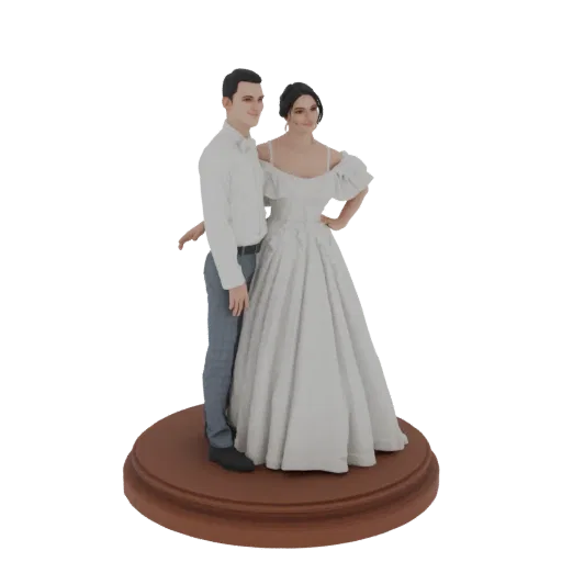 3D model of a wedding couple, bride in a white gown and groom in a suit, standing on a circular base.