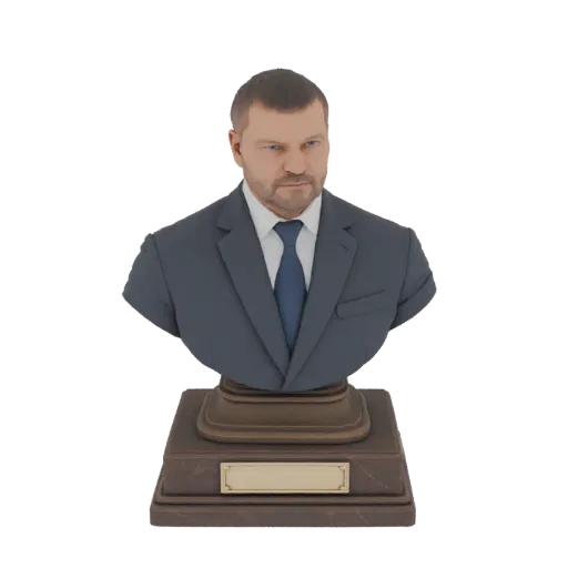3D model bust of a business man in a suit and tie, mounted on a marble base with a brass plaque.
