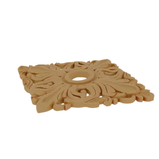 Modelo 3D de um ornamento quadrado de madeira com intrincadas esculturas de folhas de acanto e uma abertura circular central,