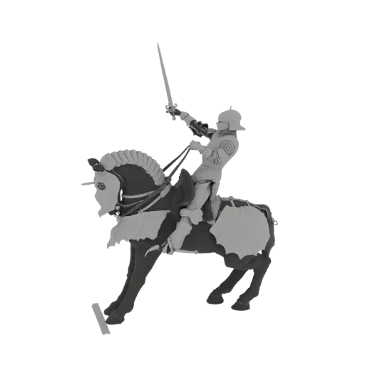 3D model of a medieval knight in full armor, sword raised, riding a charging horse with detailed barding, against a white bac