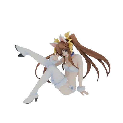 Modelo 3D de Neko Girl con cabello castaño, orejas de gato y atuendo blanco, en pose juguetona con una pierna levantada.