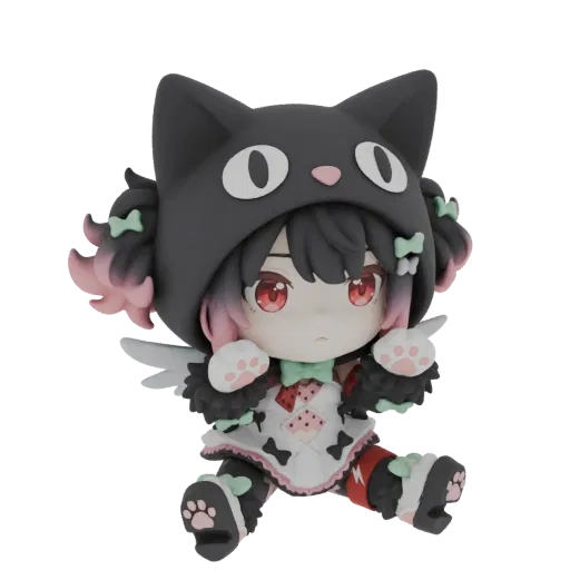 3D model of a cute chibi cat girl wearing a black cat hoodie, with pink-tipped hair, white wings, and a playful outfit, sitti