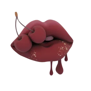 3D model of stylized dark red lips with cherries and dripping liquid, featuring golden speckles.