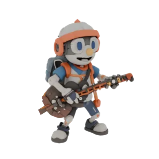 Modelo 3D de robot guitarrista de dibujos animados con mochila, estilo plastilina, con guitarra en mano.