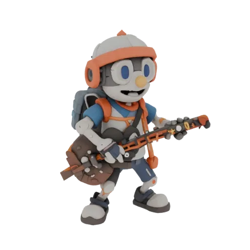Modelo 3D de robot guitarrista de dibujos animados con mochila, estilo plastilina, con guitarra en mano.