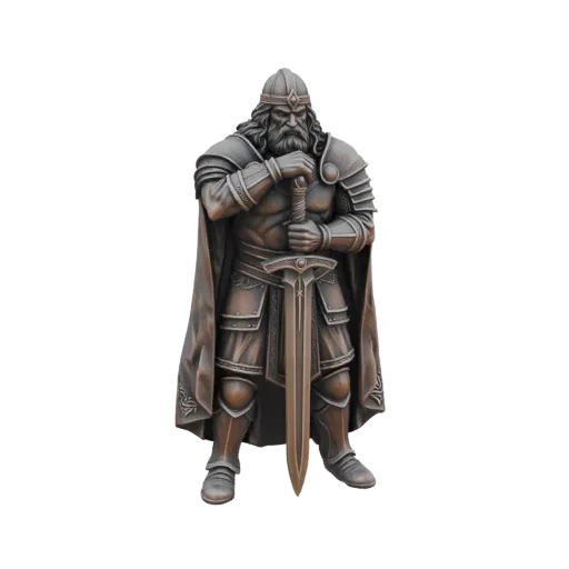 Modèle 3D d'un guerrier viking en bronze en armure, tenant une épée, avec une expression sévère et une cape.