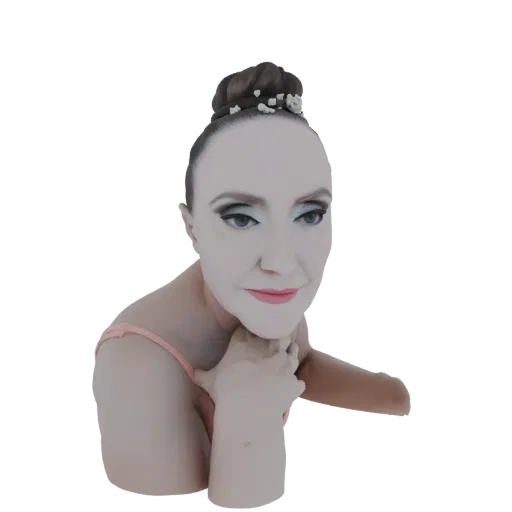 3D-Modell einer Ballettänzerin mit elegantem Dutt und pinkfarbenem Trikot, anmutig mit der Hand am Kinn posierend.