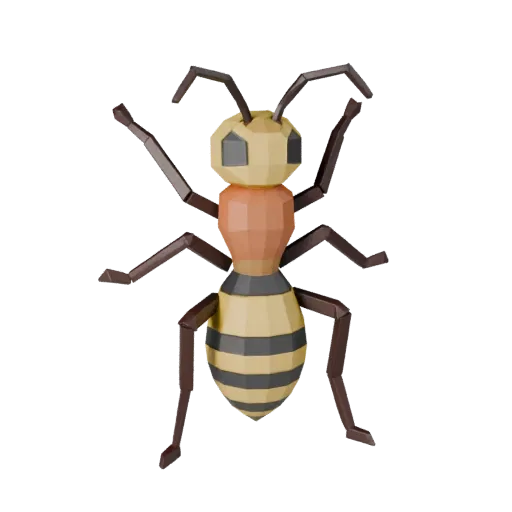Modèle 3D de guêpe en basse polygone, rendu de vie sauvage de profil, actif animal stylisé avec séparation du thorax, rythme