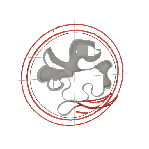 A 3D render of an abstract sculpture with swirling gray forms and red circular accents against a black background.
