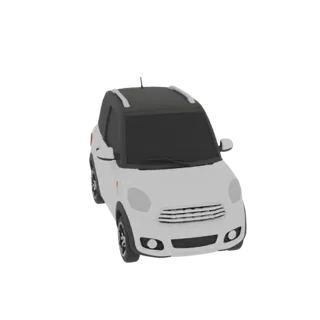 A 3D model render of a white and black compact crossover SUV with a sleek, modern design, viewed from a slightly elevated fro