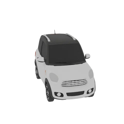 A 3D model render of a white and black compact crossover SUV with a sleek, modern design, viewed from a slightly elevated fro
