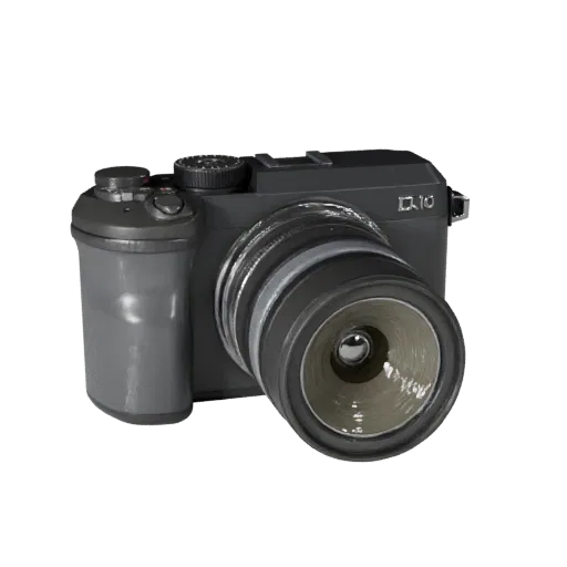 Action Video Camera Product Viz 3D model, three-quarter studio product render, showing textured grips, lens barrels.