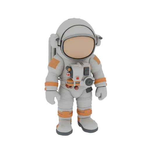 Un rendu 3D d'un personnage astronaute cartoon en combinaison spatiale blanc et orange, debout et tourné vers l'avant.