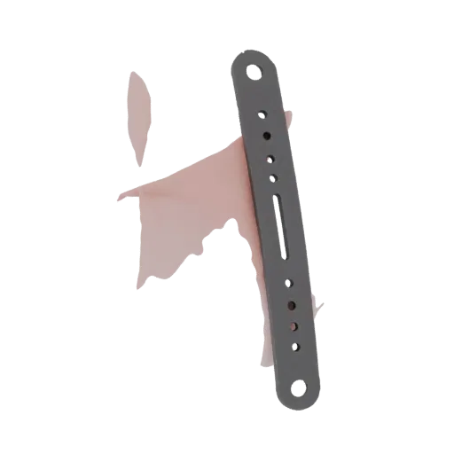 3D model of a dark gray, flat, adjustable mounting bracket with a central slot and multiple circular bolt holes.