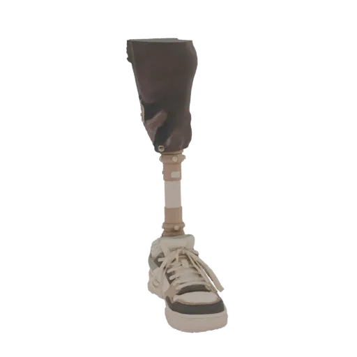 Modelo 3D de uma perna protética com um encaixe marrom e um tênis branco e bege acoplado.