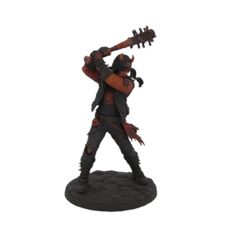 Modelo 3D de un personaje guerrero post-apocalíptico en pose dinámica, blandiendo una gran maza de pinchos, vistiendo ropa de