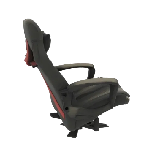 Side view of a 3D model of an ergonomic gaming chair in dark gray with red accents.